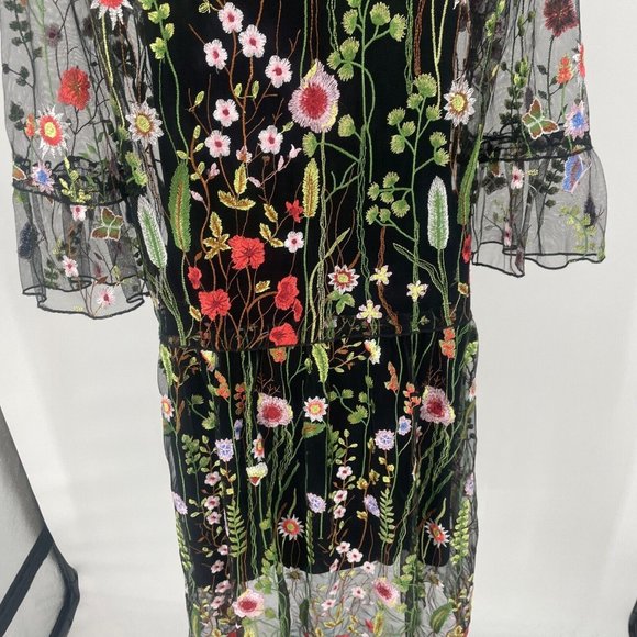 Lulu's 3D Floral Botanical Midi Dress Size Small Embroidered Sheer Black Mesh - Picture 8 of 16